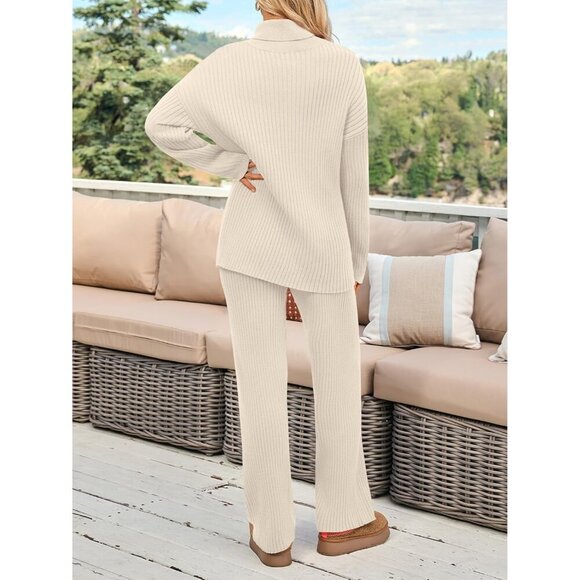 Women's Cozy Knit Two Piece Lounge Set Turtleneck Wide Leg Pants Casual - Picture 4 of 6